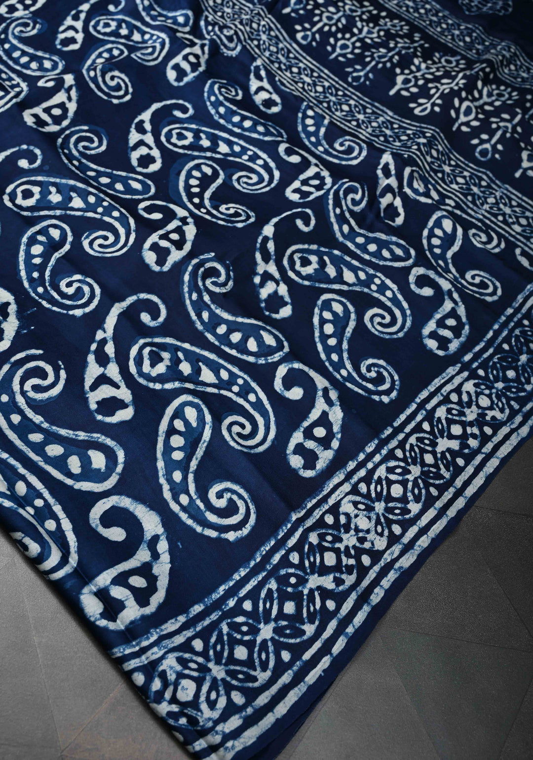 Paisley Design Bagru Hand Block Print on Modal Silk Saree in Indigo