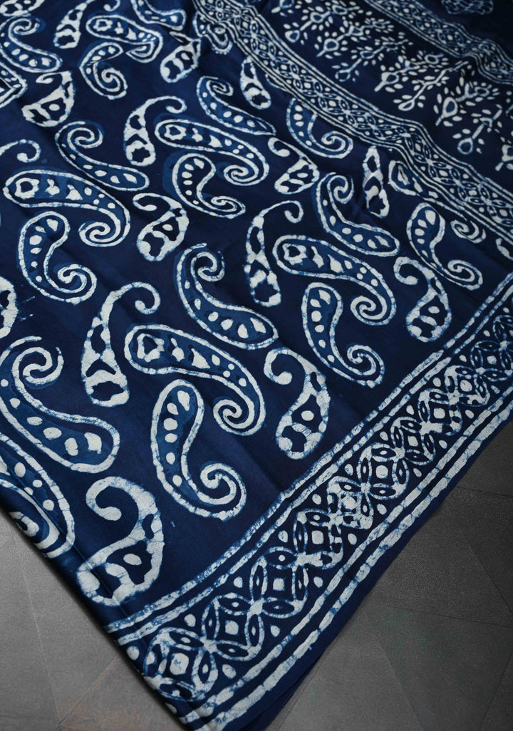 Paisley Design Bagru Hand Block Print on Modal Silk Saree in Indigo