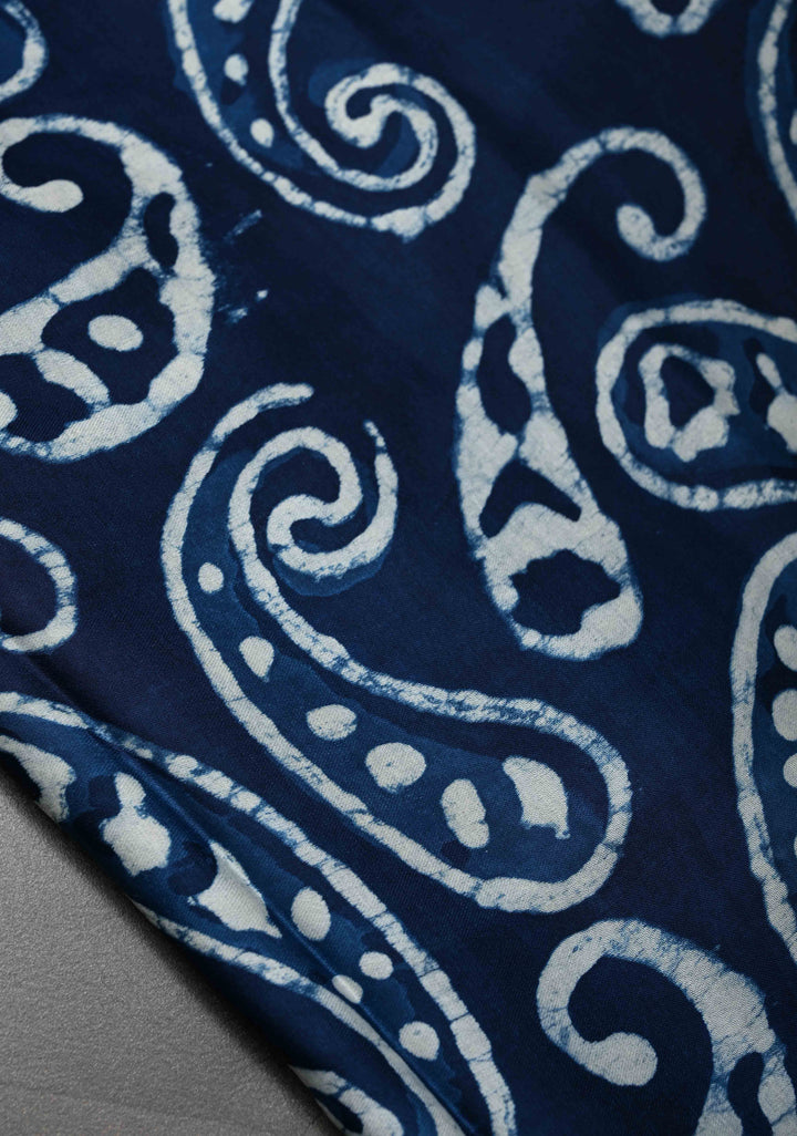 Paisley Design Bagru Hand Block Print on Modal Silk Saree in Indigo