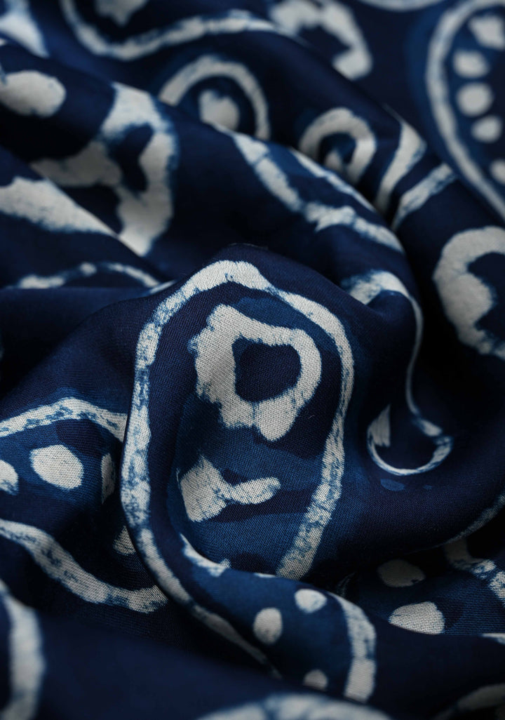 Paisley Design Bagru Hand Block Print on Modal Silk Saree in Indigo