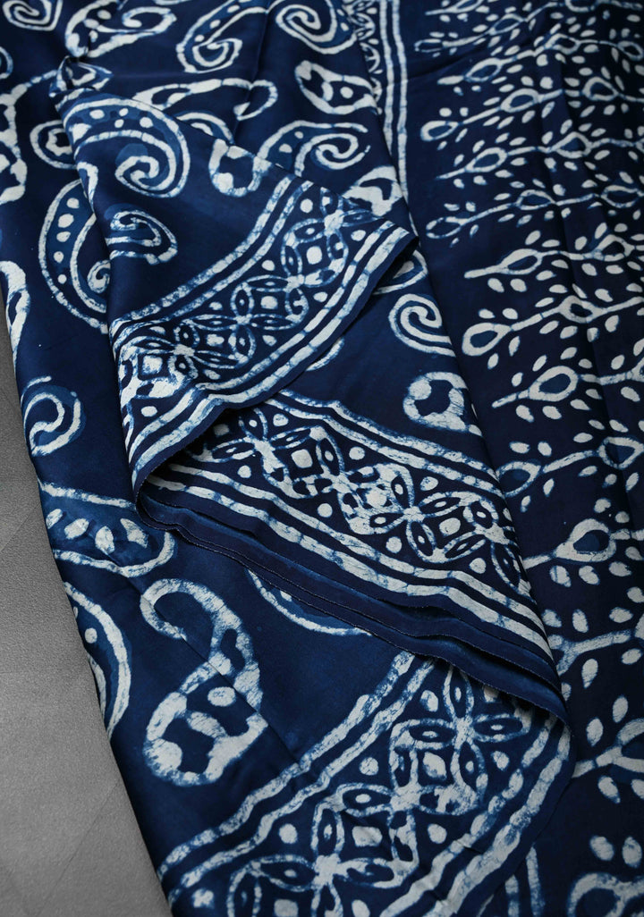 Paisley Design Bagru Hand Block Print on Modal Silk Saree in Indigo