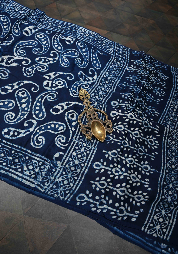 Paisley Design Bagru Hand Block Print on Modal Silk Saree in Indigo