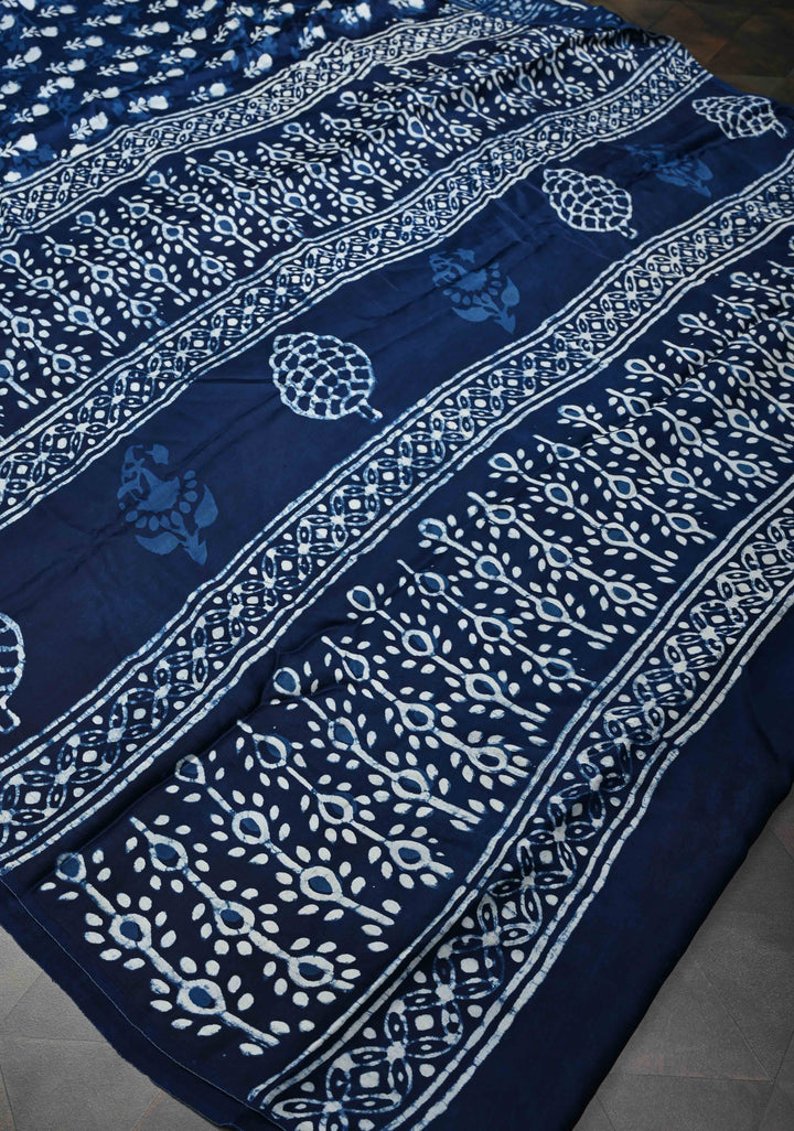 Indigo Modal Silk Saree with Bagru Hand Block Print and Floral Design