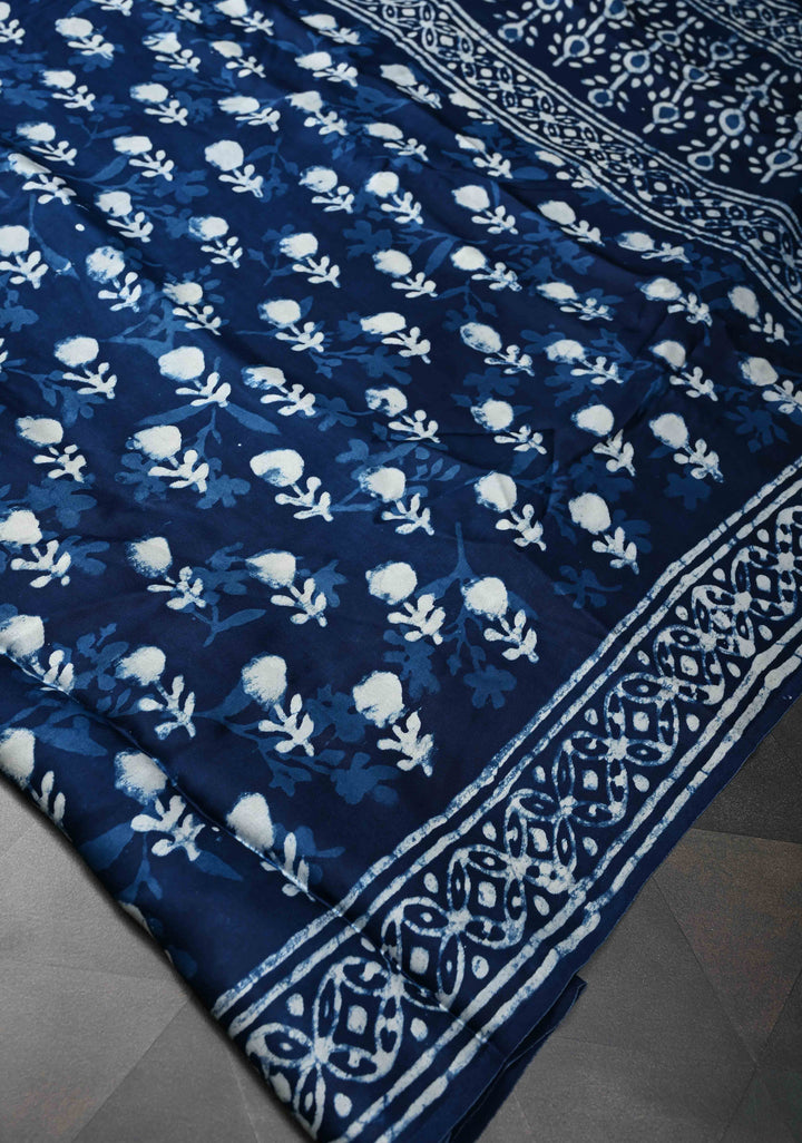 Indigo Modal Silk Saree with Bagru Hand Block Print and Floral Design