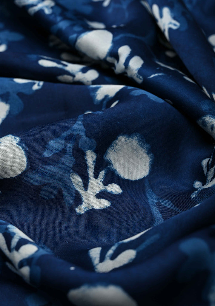 Indigo Modal Silk Saree with Bagru Hand Block Print and Floral Design