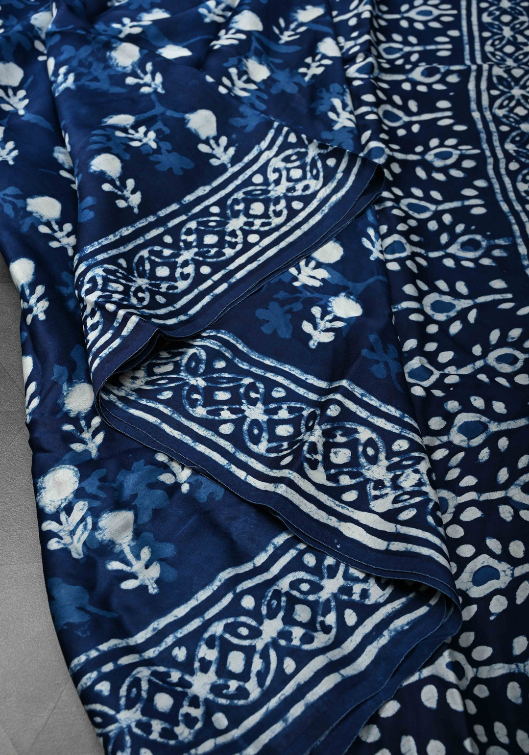 Indigo Modal Silk Saree with Bagru Hand Block Print and Floral Design