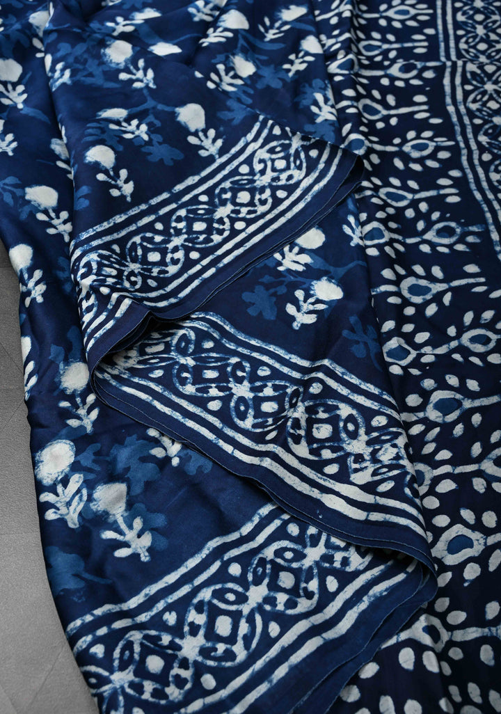 Indigo Modal Silk Saree with Bagru Hand Block Print and Floral Design