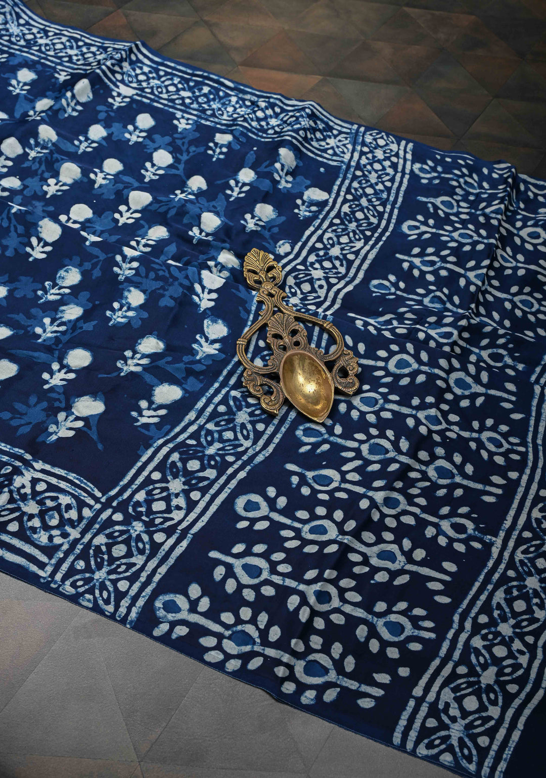 Indigo Modal Silk Saree with Bagru Hand Block Print and Floral Design