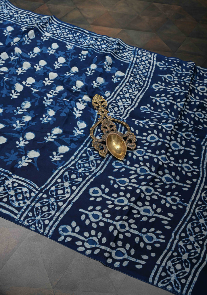 Indigo Modal Silk Saree with Bagru Hand Block Print and Floral Design