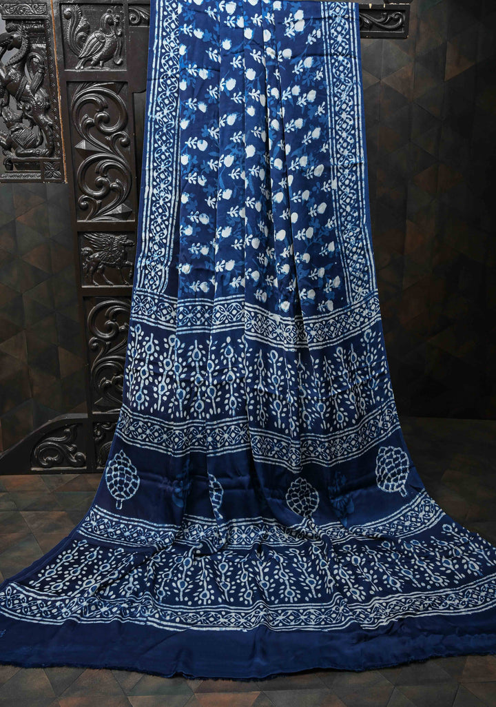 Indigo Modal Silk Saree with Bagru Hand Block Print and Floral Design