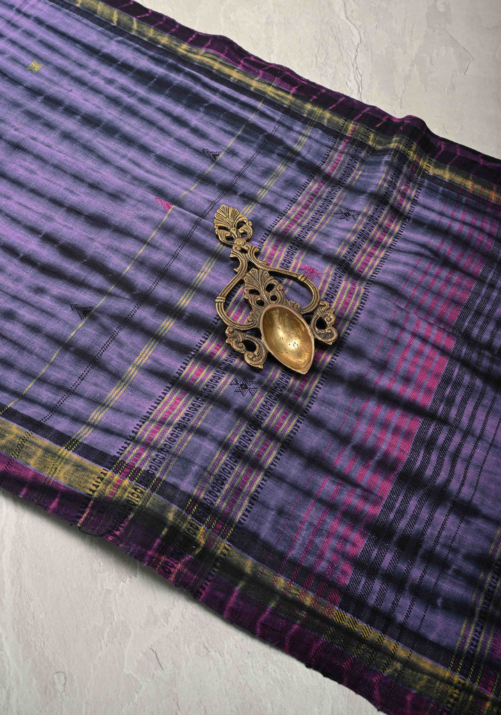 Lilac and Black Shibori Cotton Handloom Saree with Thread Buttas