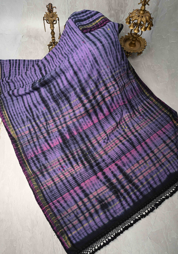 Lilac and Black Shibori Cotton Handloom Saree with Thread Buttas