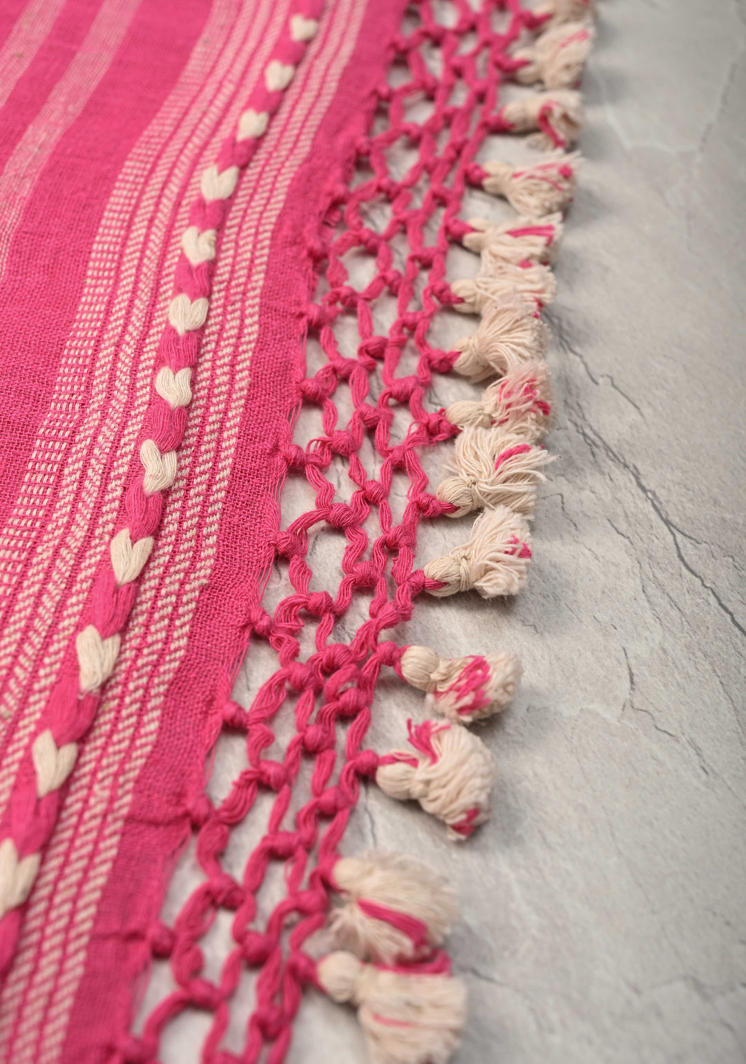 Pink Bhujodi Kala Cotton Saree with Resham Buttas and honeycomb tassels