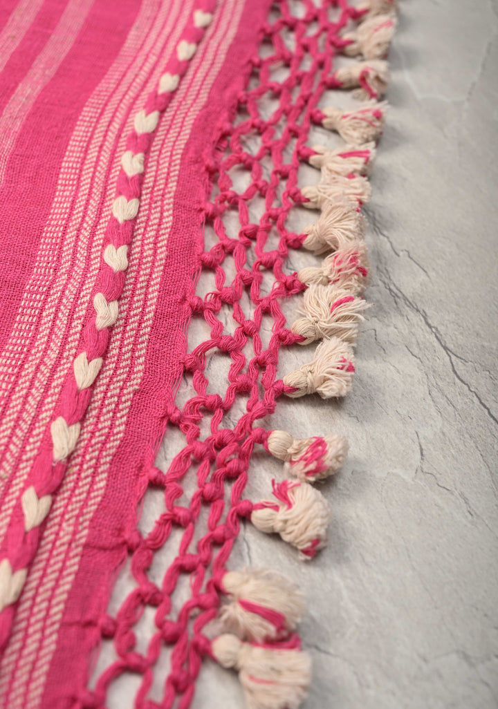Pink Bhujodi Kala Cotton Saree with Resham Buttas and honeycomb tassels