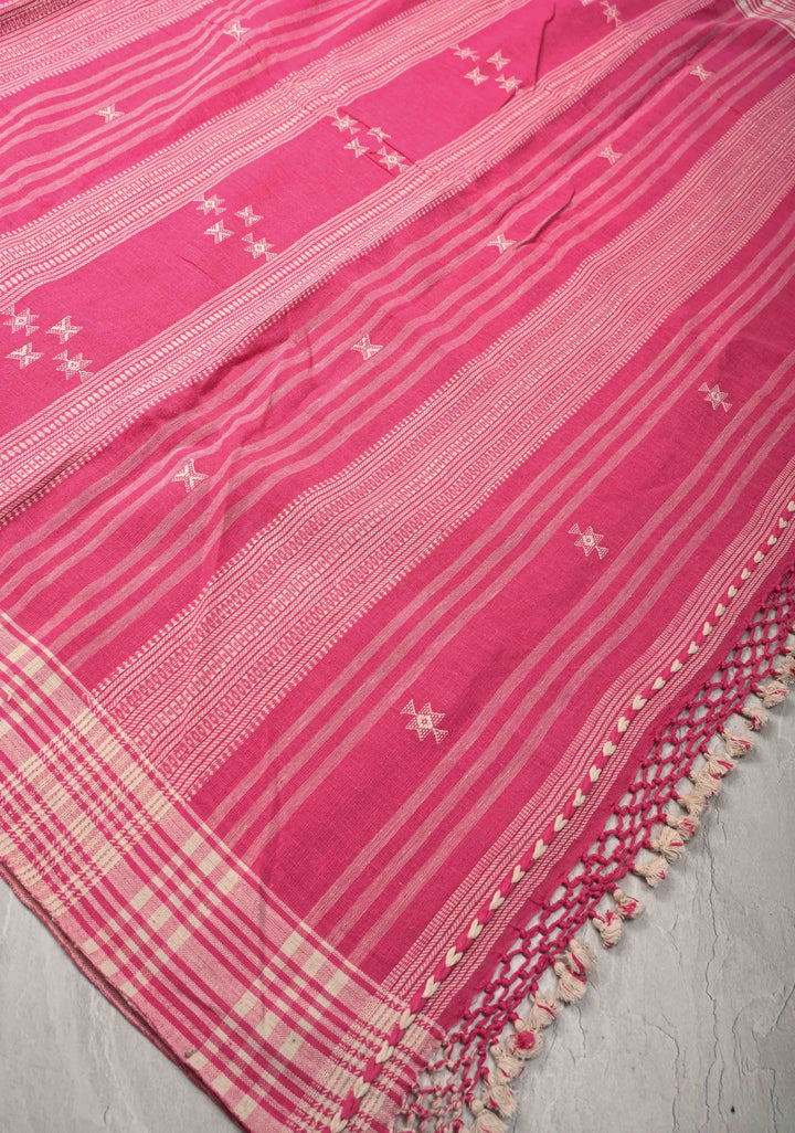 Pink Bhujodi Kala Cotton Saree with Resham Buttas and honeycomb tassels