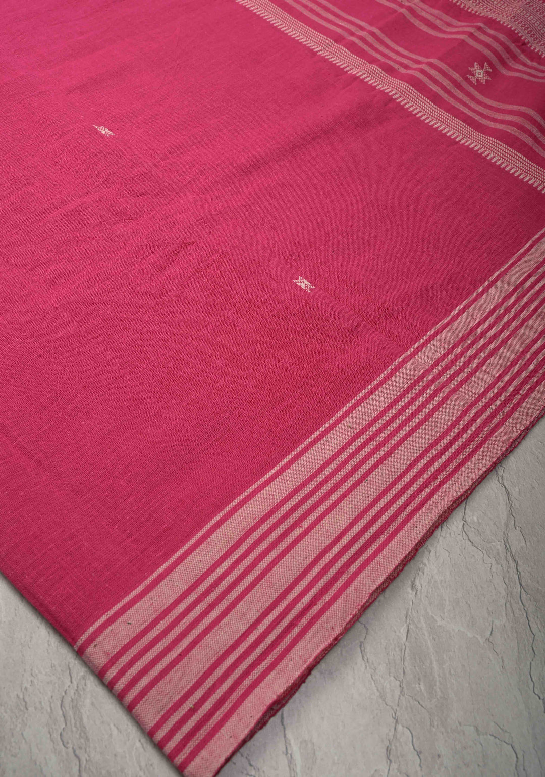 Pink Bhujodi Kala Cotton Saree with Resham Buttas and honeycomb tassels