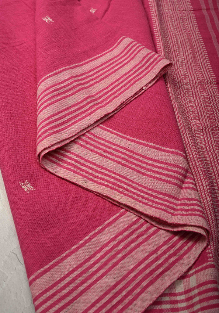 Pink Bhujodi Kala Cotton Saree with Resham Buttas and honeycomb tassels