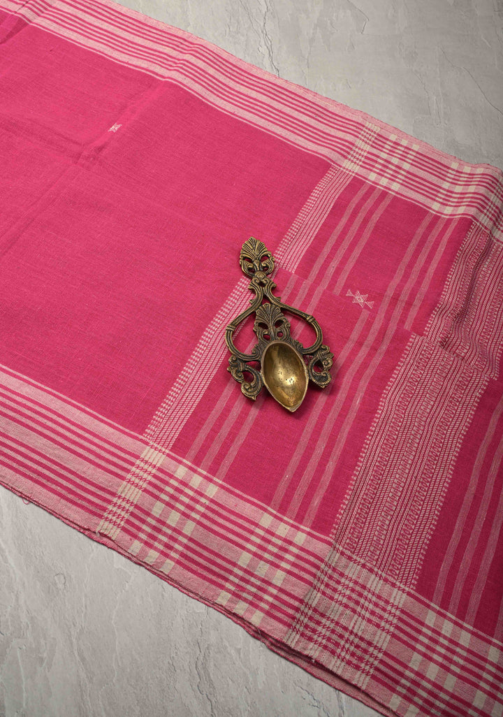 Pink Bhujodi Kala Cotton Saree with Resham Buttas and honeycomb tassels