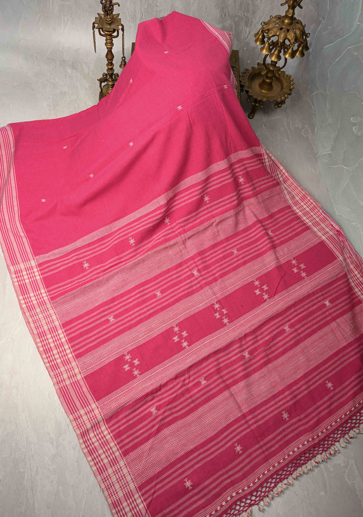 Pink Bhujodi Kala Cotton Saree with Resham Buttas and honeycomb tassels