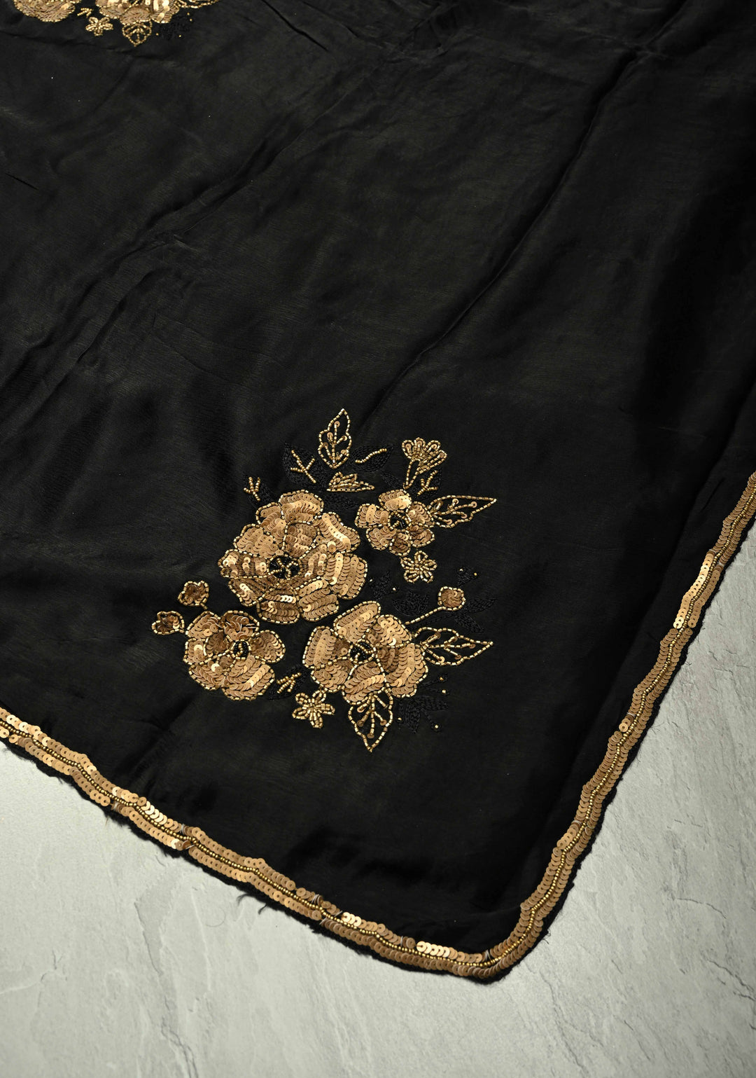 Stunning Black Satin Georgette Saree with Antique Matte Finish Cutdana, Sequins and Moti Embellishment and Scallop Border