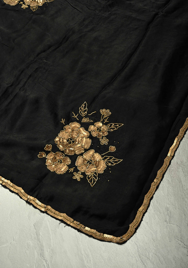 Stunning Black Satin Georgette Saree with Antique Matte Finish Cutdana, Sequins and Moti Embellishment and Scallop Border