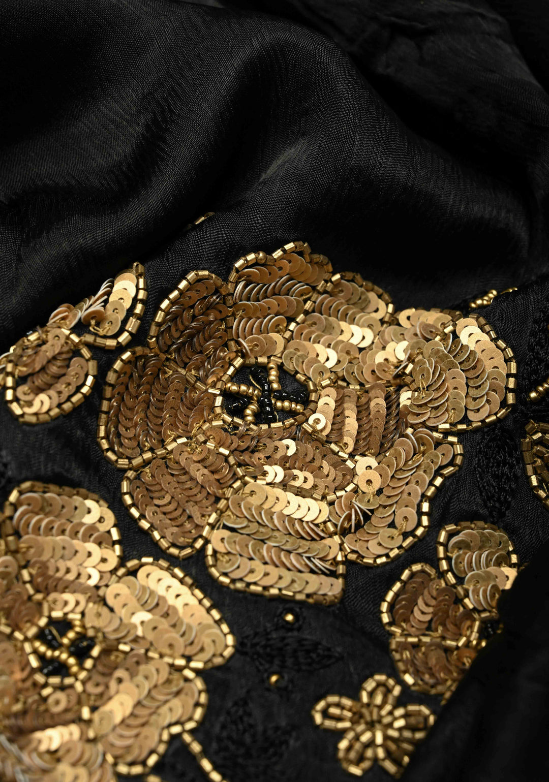 Stunning Black Satin Georgette Saree with Antique Matte Finish Cutdana, Sequins and Moti Embellishment and Scallop Border