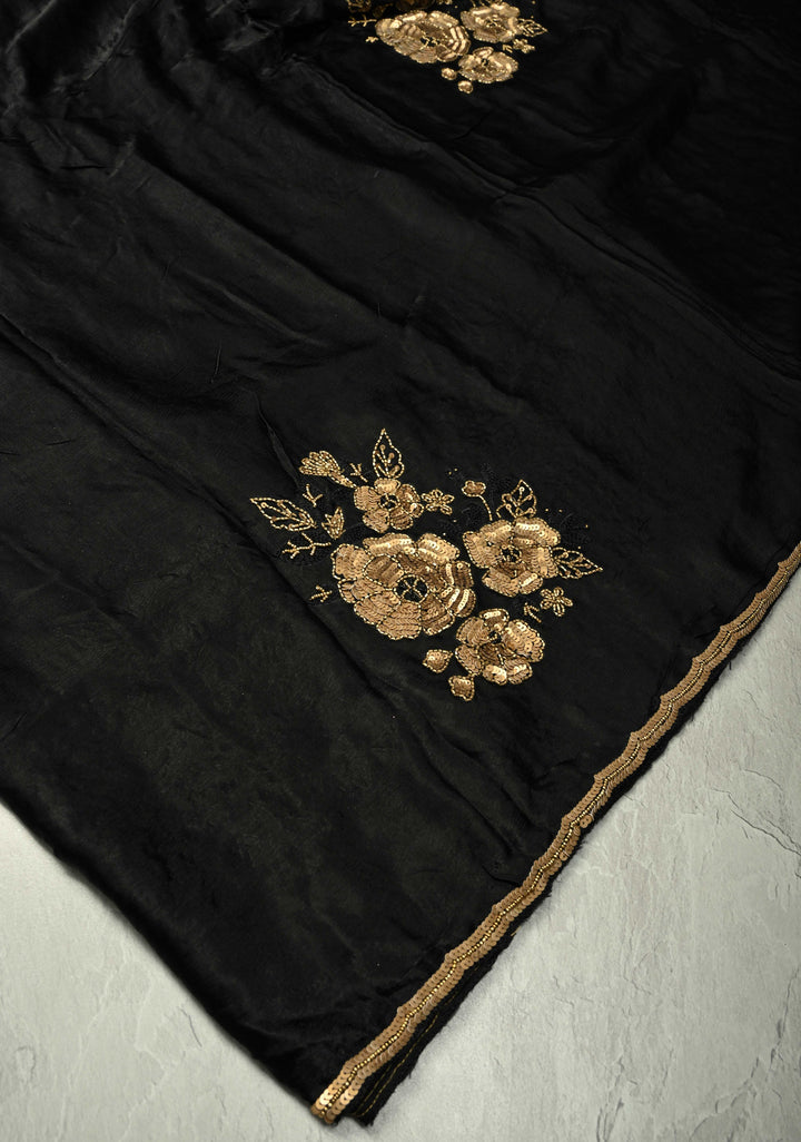 Stunning Black Satin Georgette Saree with Antique Matte Finish Cutdana, Sequins and Moti Embellishment and Scallop Border