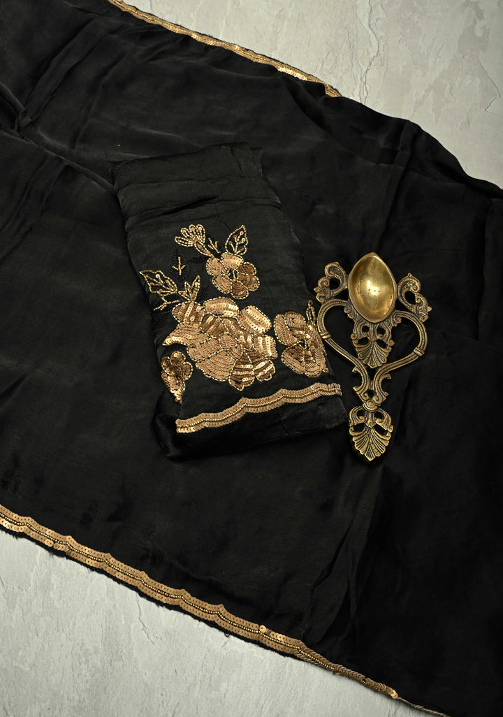 Stunning Black Satin Georgette Saree with Antique Matte Finish Cutdana, Sequins and Moti Embellishment and Scallop Border