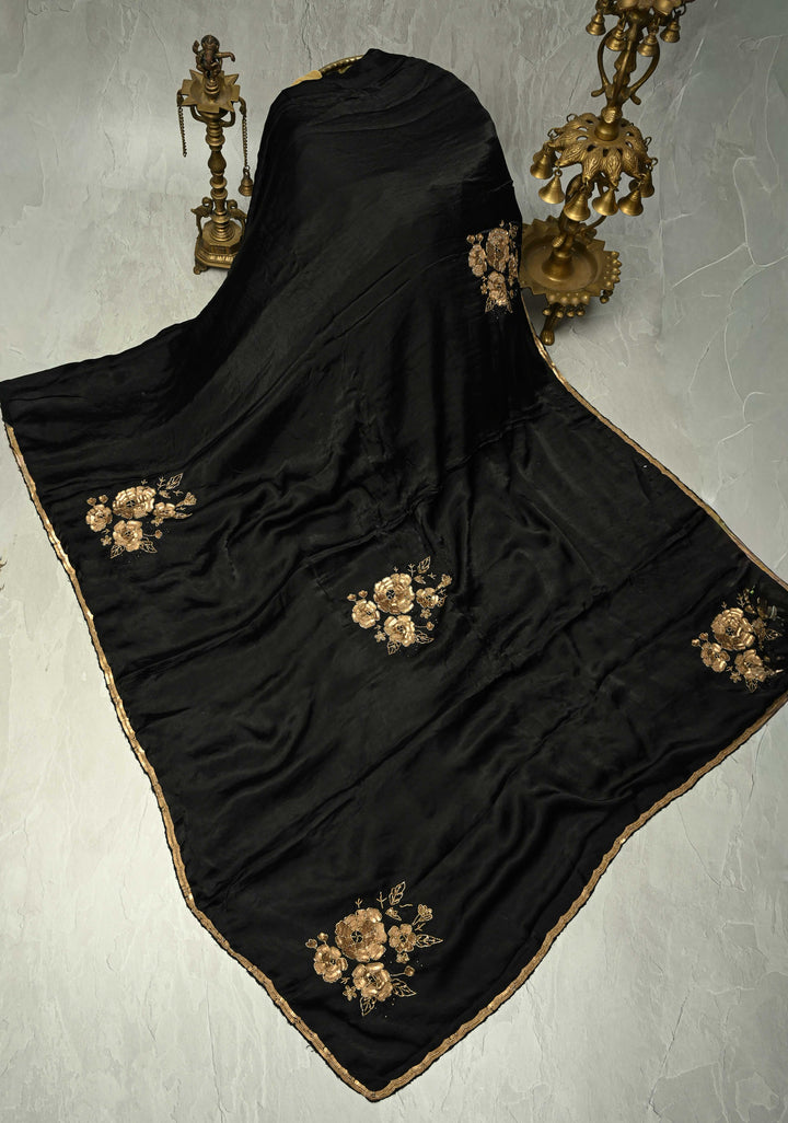Stunning Black Satin Georgette Saree with Antique Matte Finish Cutdana, Sequins and Moti Embellishment and Scallop Border