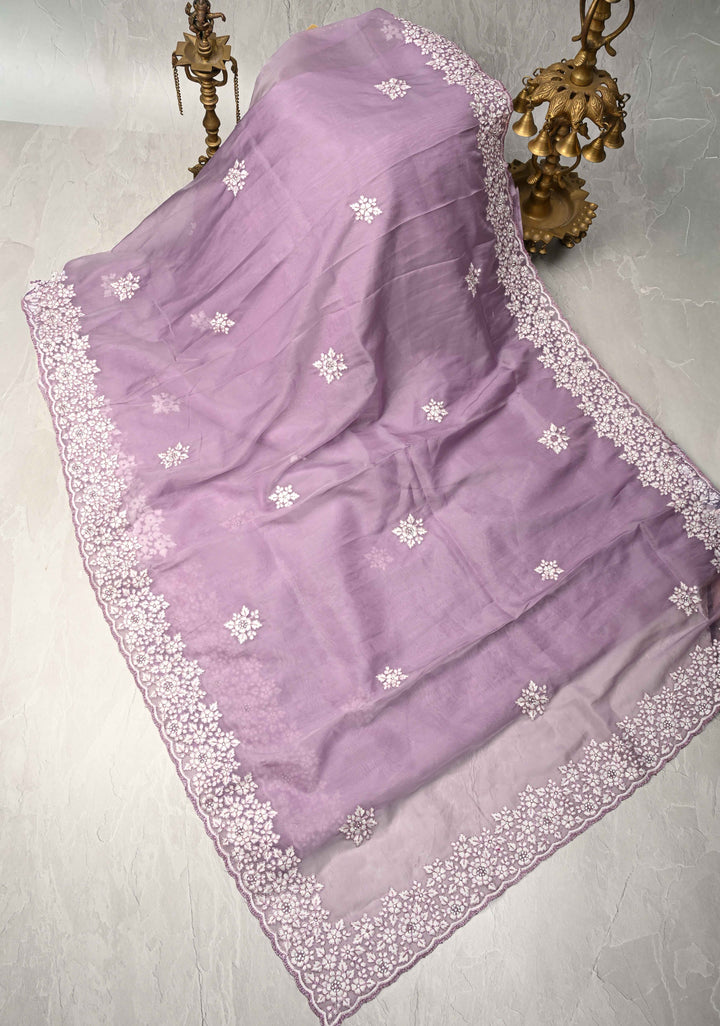 Dusty Lavender Embroidery on Organza Saree with Stone Work and Scallop Border