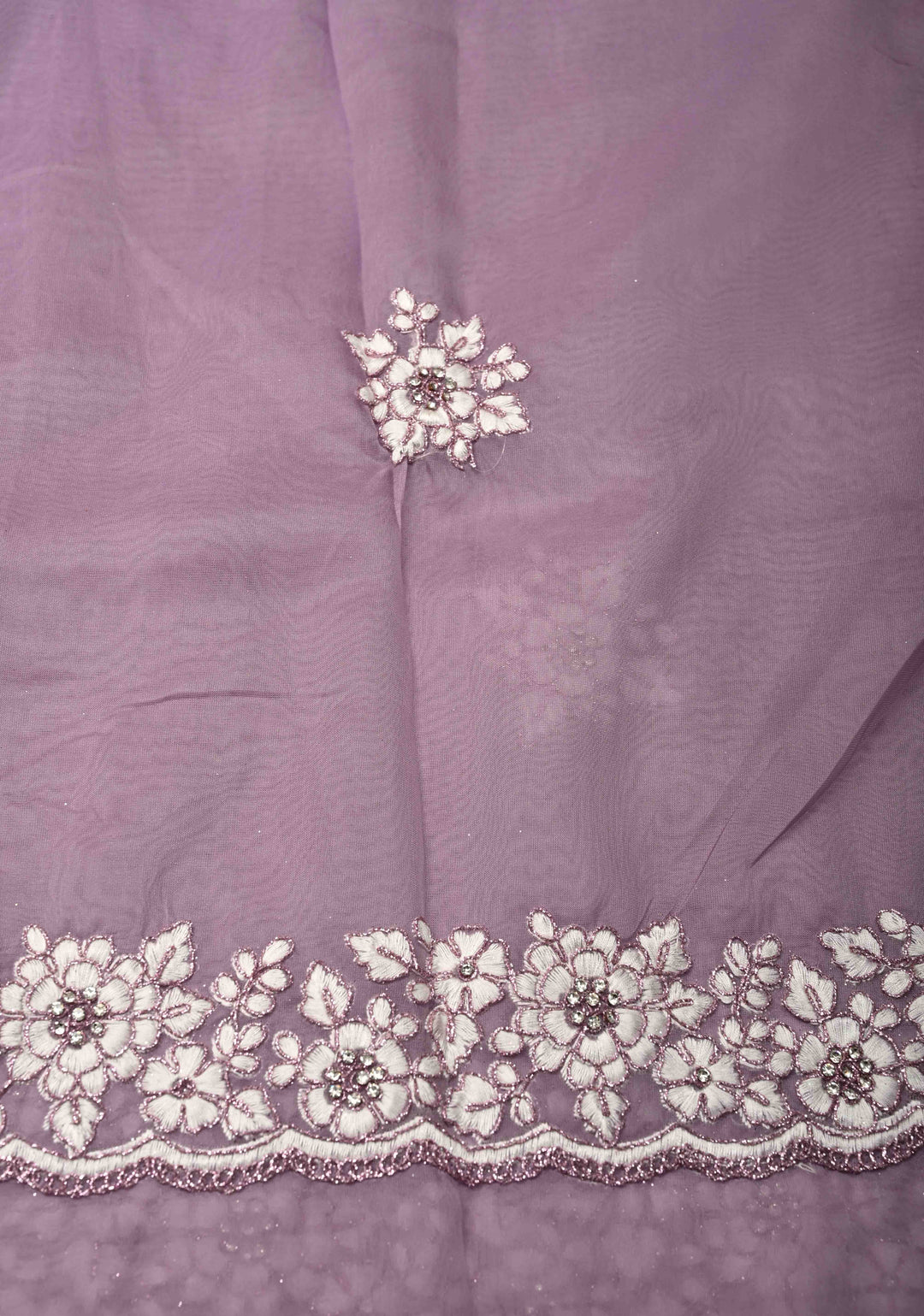 Dusty Lavender Embroidery on Organza Saree with Stone Work and Scallop Border