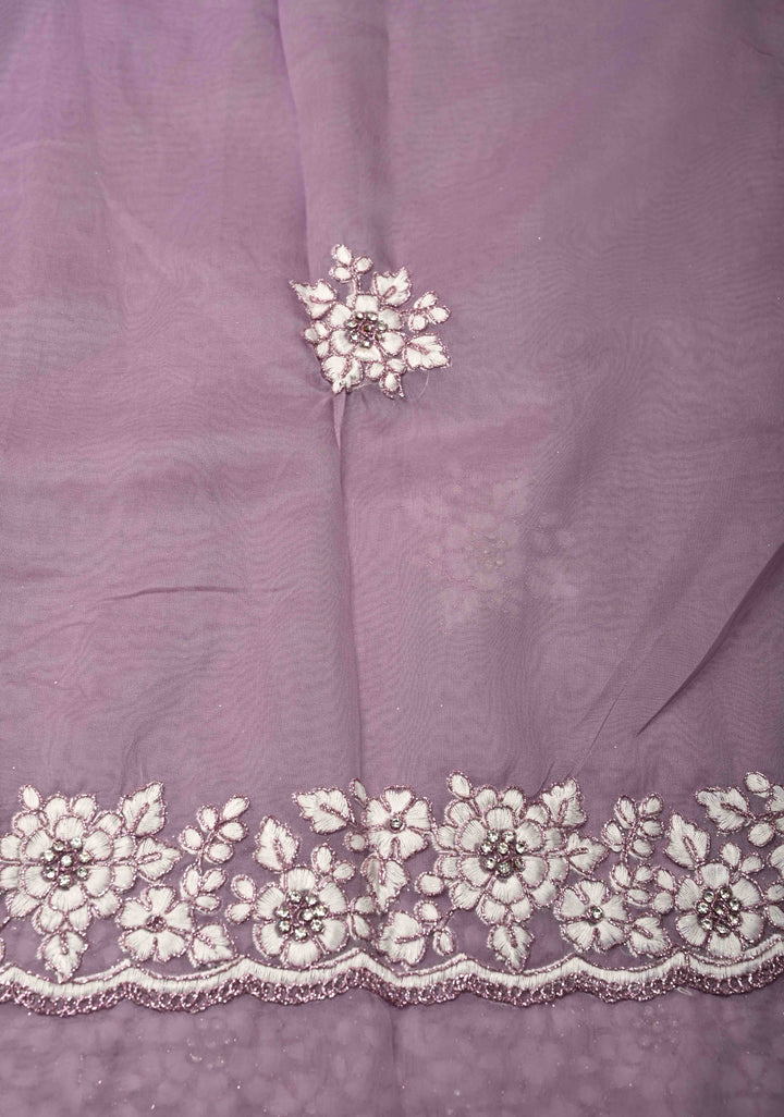 Dusty Lavender Embroidery on Organza Saree with Stone Work and Scallop Border