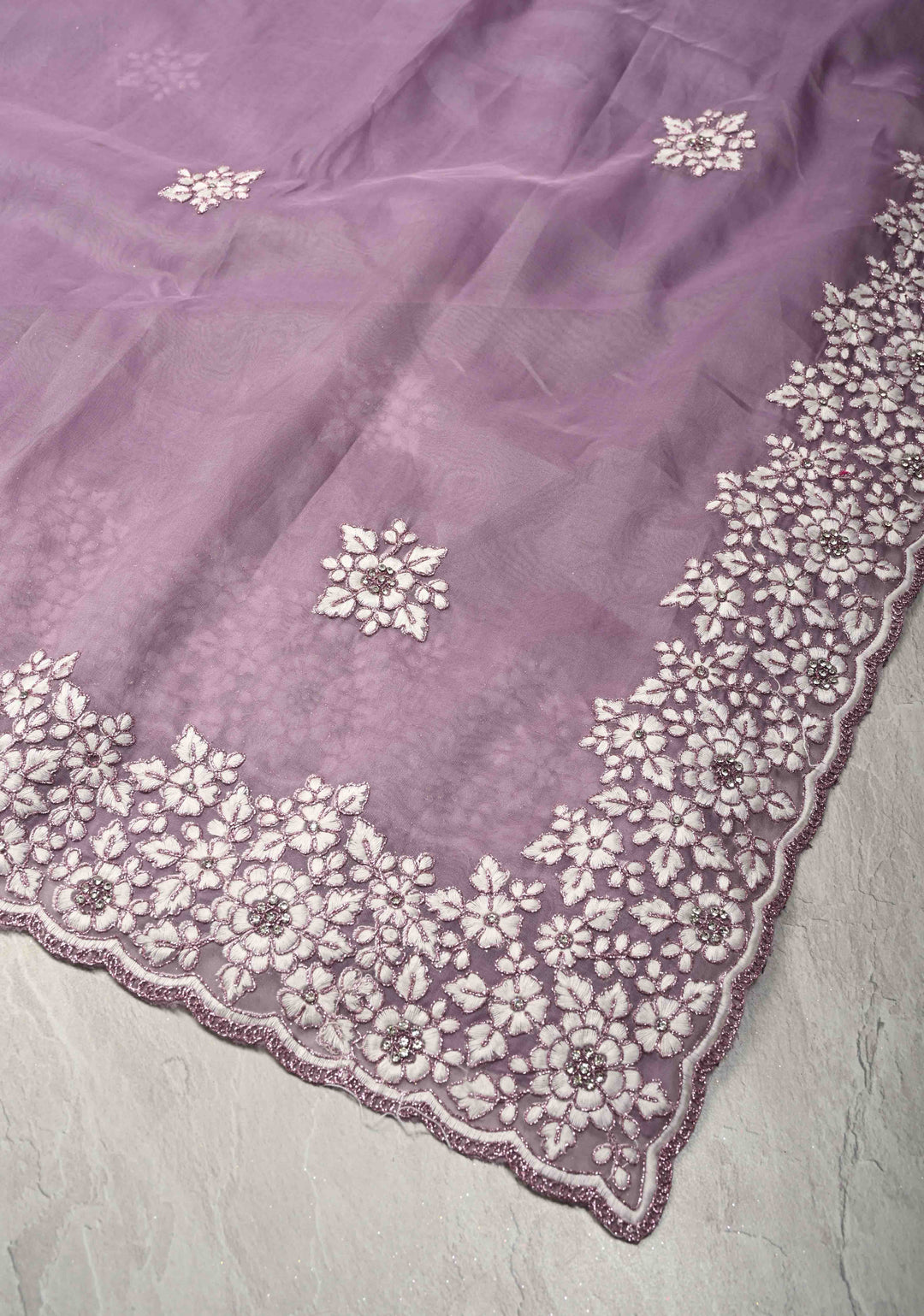 Dusty Lavender Embroidery on Organza Saree with Stone Work and Scallop Border