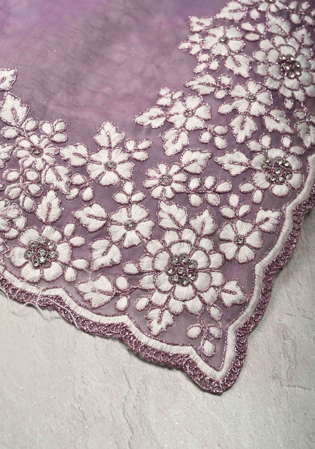 Dusty Lavender Embroidery on Organza Saree with Stone Work and Scallop Border