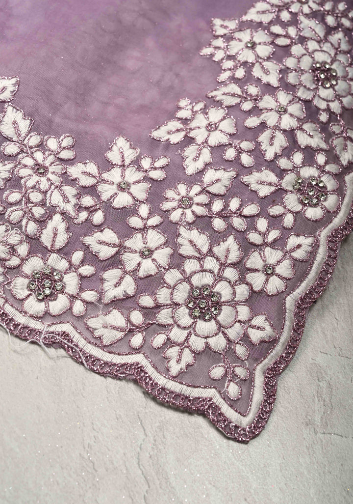 Dusty Lavender Embroidery on Organza Saree with Stone Work and Scallop Border