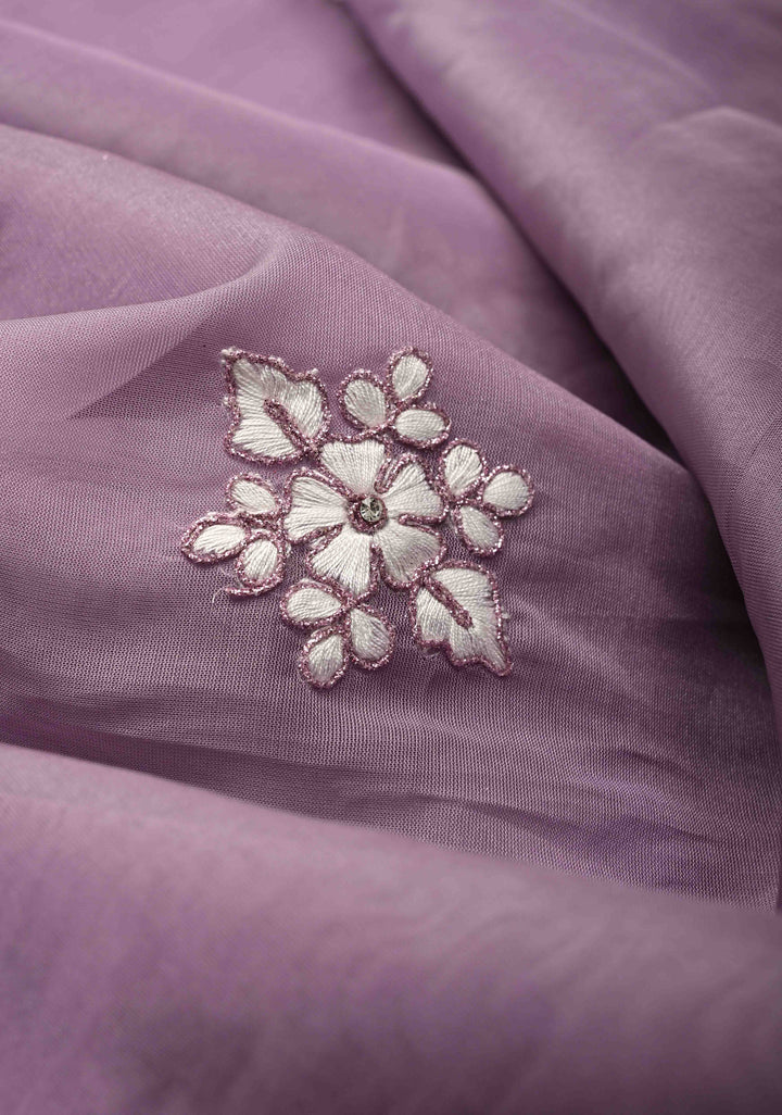 Dusty Lavender Embroidery on Organza Saree with Stone Work and Scallop Border