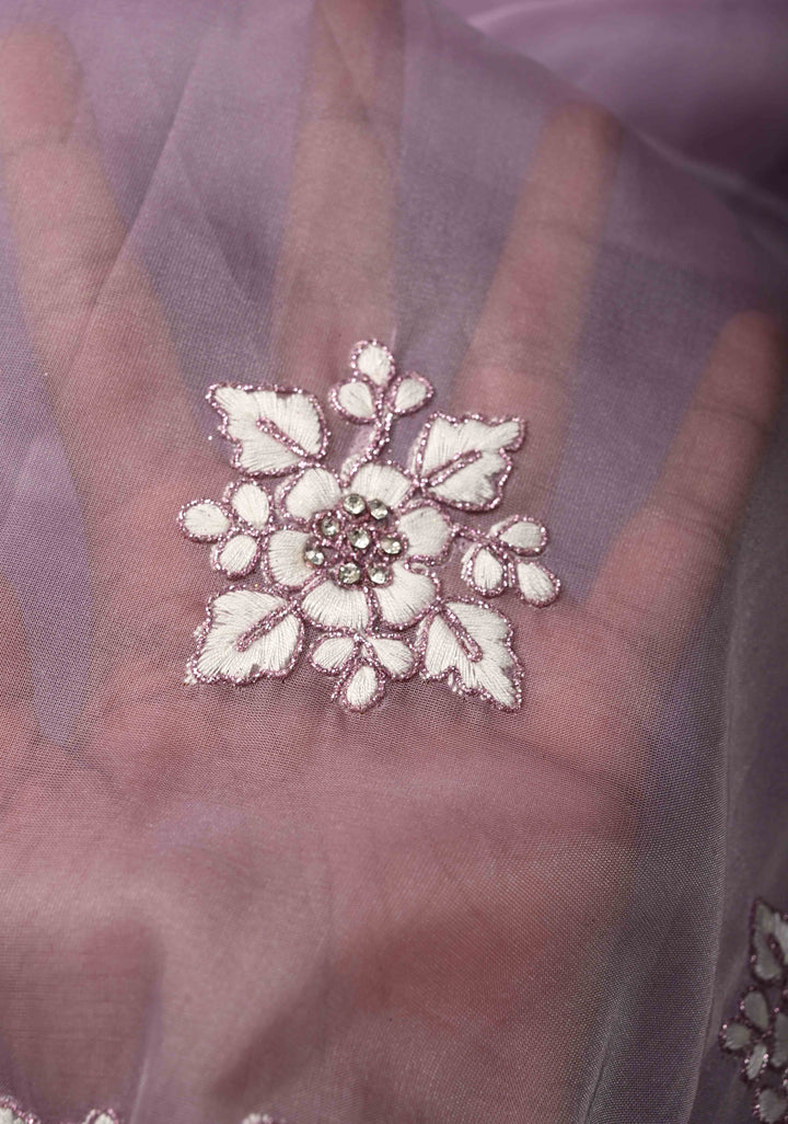 Dusty Lavender Embroidery on Organza Saree with Stone Work and Scallop Border