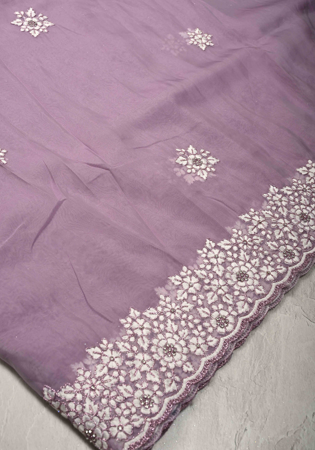 Dusty Lavender Embroidery on Organza Saree with Stone Work and Scallop Border