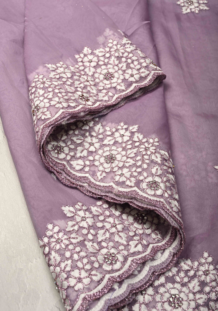 Dusty Lavender Embroidery on Organza Saree with Stone Work and Scallop Border