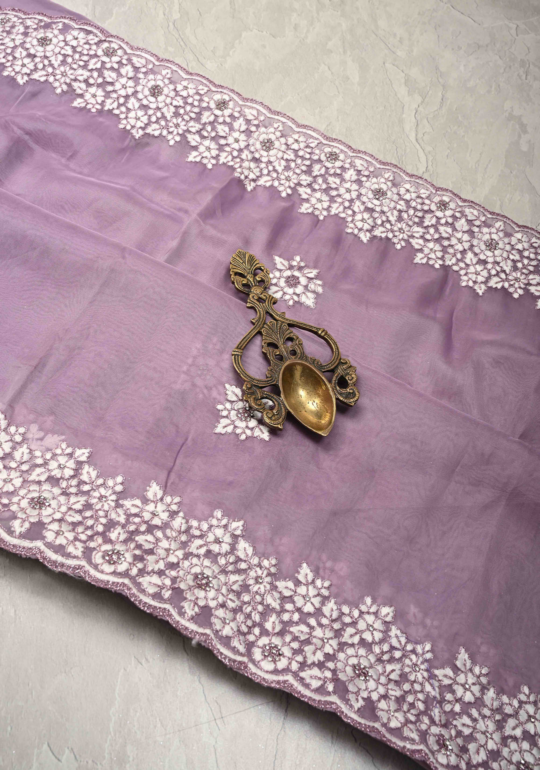 Dusty Lavender Embroidery on Organza Saree with Stone Work and Scallop Border