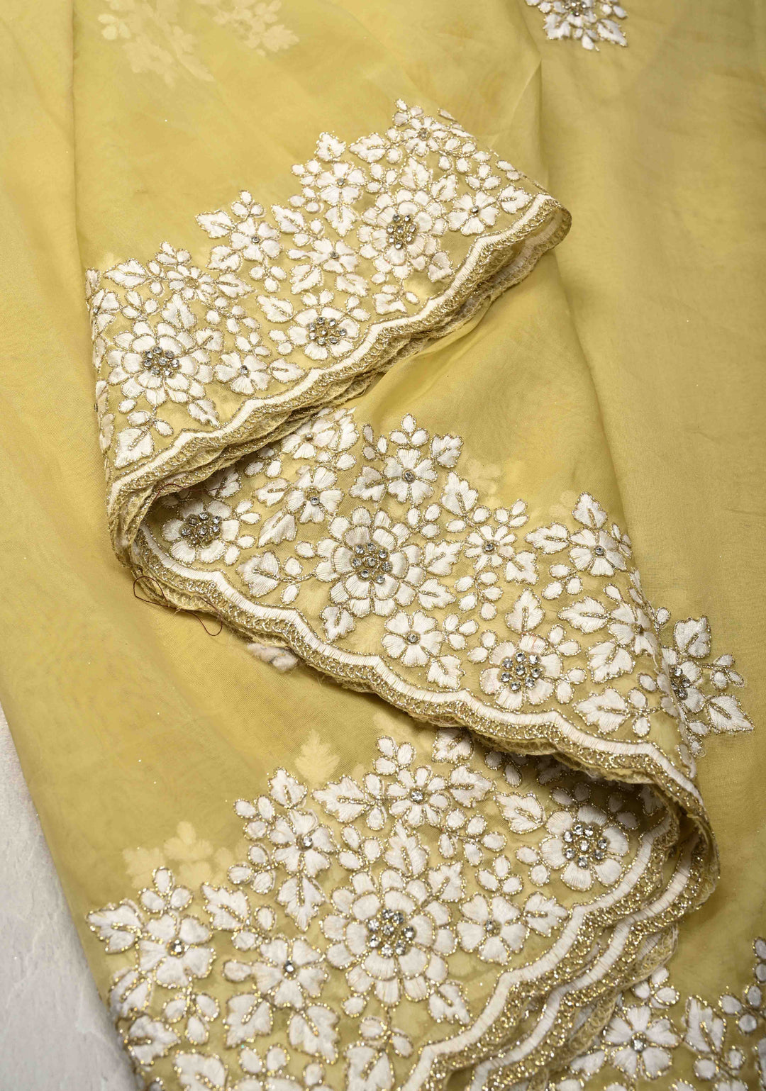 Dusty Yellow  Organza Saree with Stone Work, embroidery  and Scallop Border