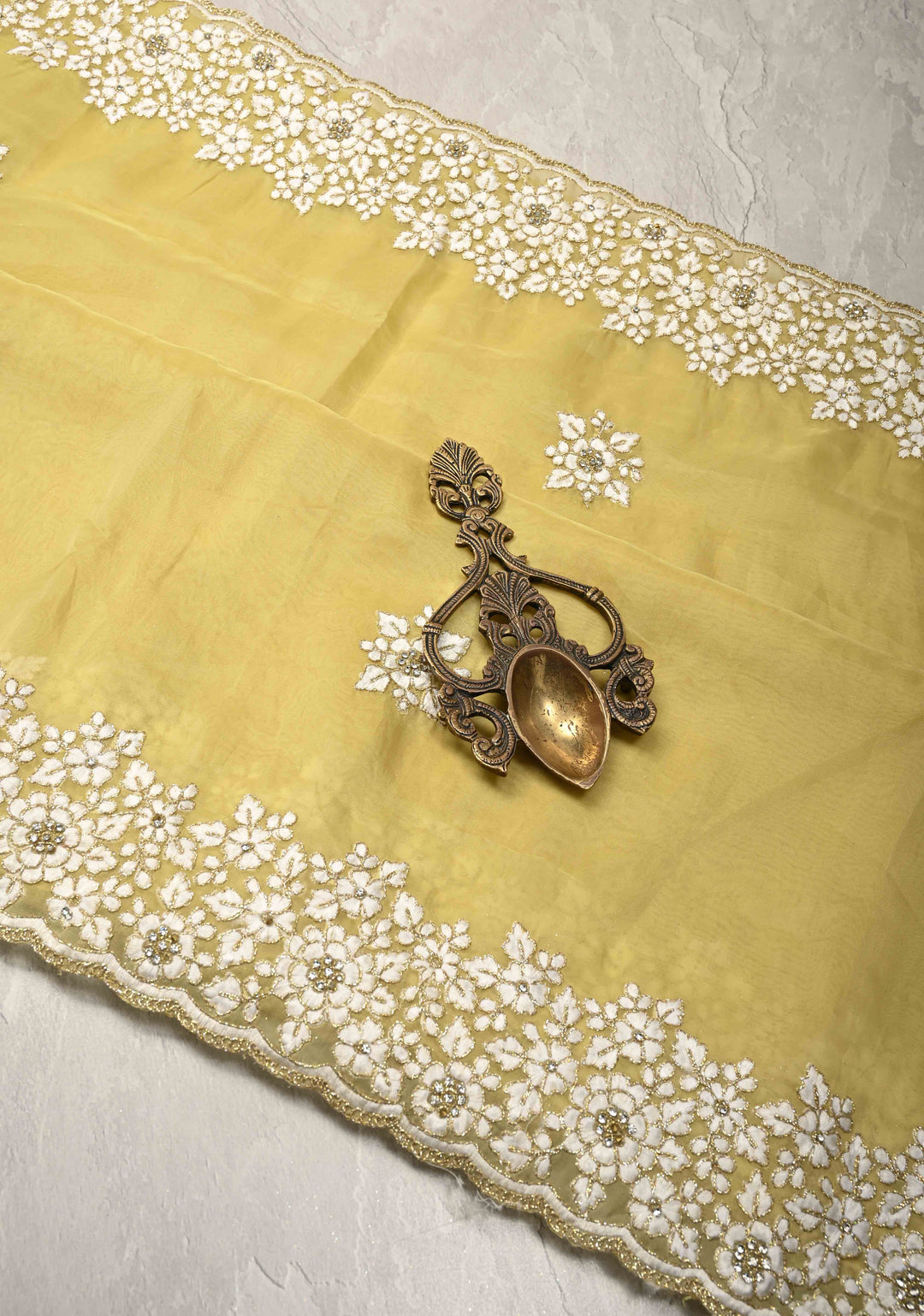 Dusty Yellow  Organza Saree with Stone Work, embroidery  and Scallop Border