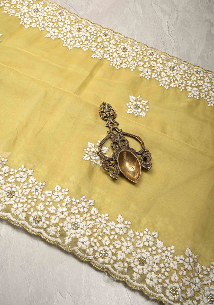 Dusty Yellow  Organza Saree with Stone Work, embroidery  and Scallop Border
