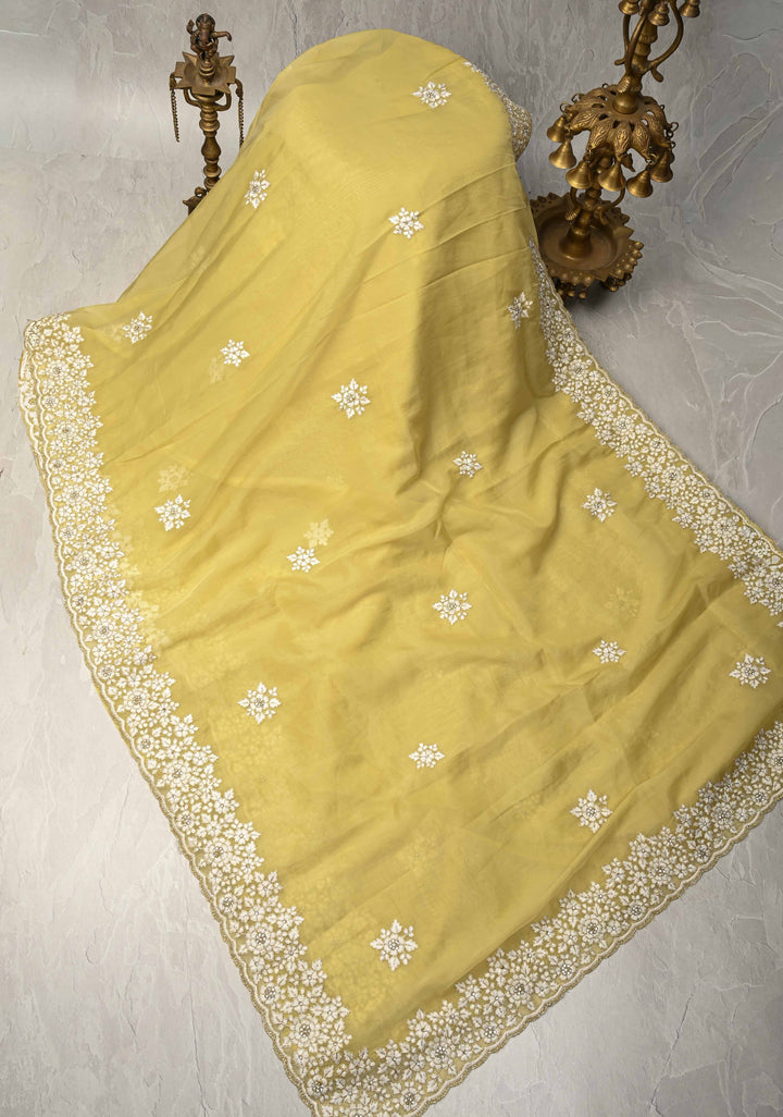 Dusty Yellow  Organza Saree with Stone Work, embroidery  and Scallop Border