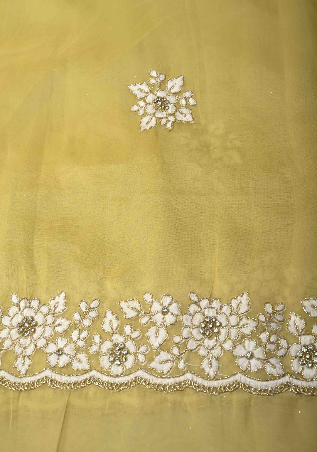 Dusty Yellow  Organza Saree with Stone Work, embroidery  and Scallop Border