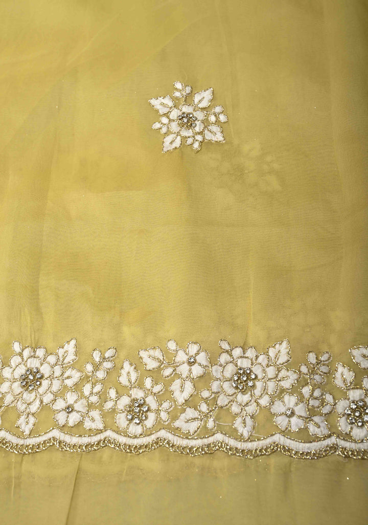Dusty Yellow  Organza Saree with Stone Work, embroidery  and Scallop Border
