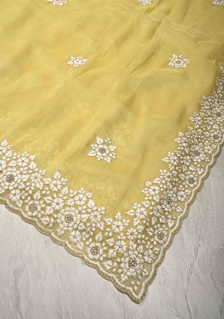 Dusty Yellow  Organza Saree with Stone Work, embroidery  and Scallop Border