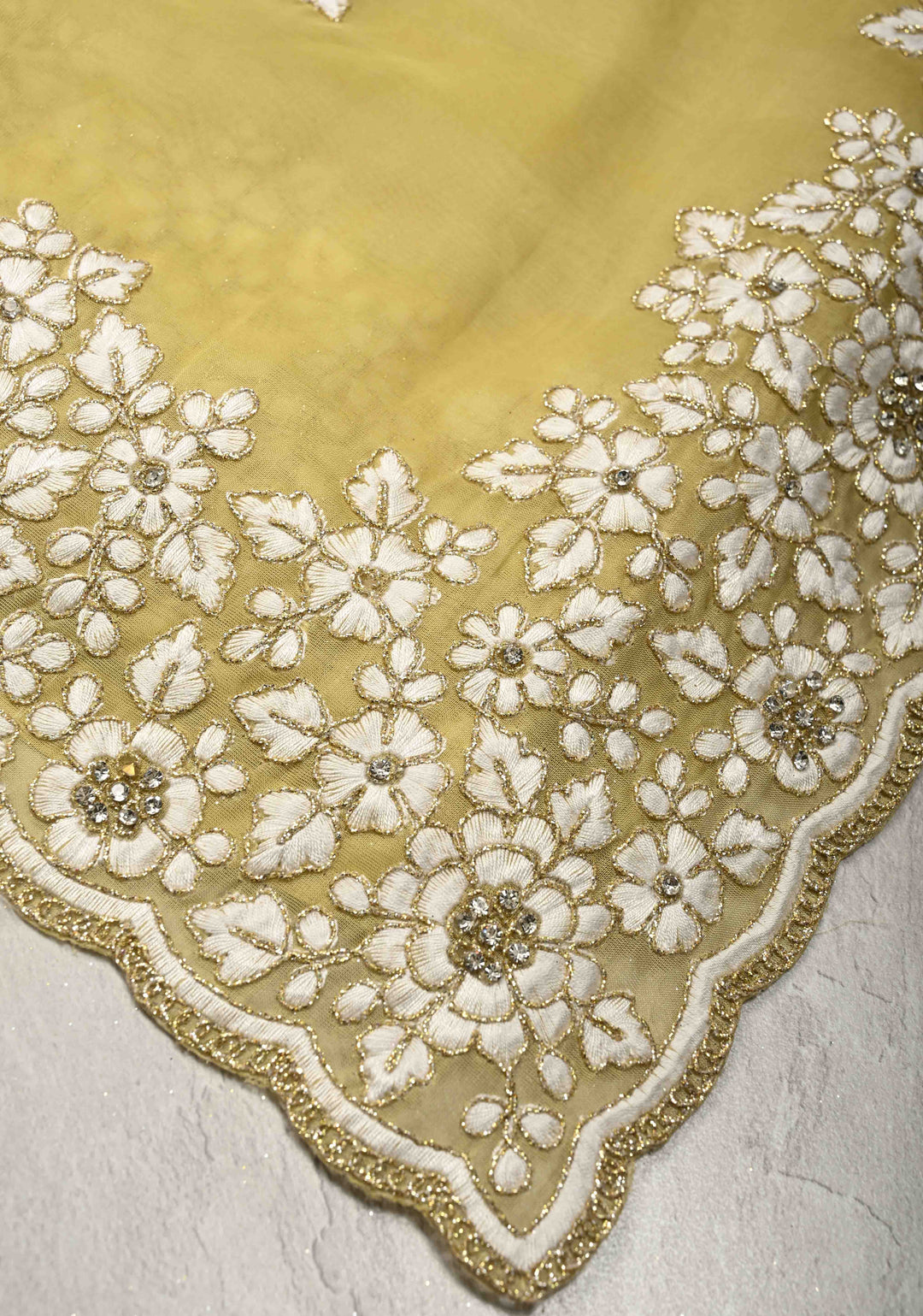 Dusty Yellow  Organza Saree with Stone Work, embroidery  and Scallop Border