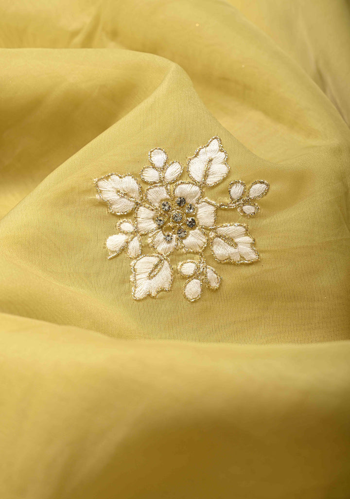 Dusty Yellow  Organza Saree with Stone Work, embroidery  and Scallop Border