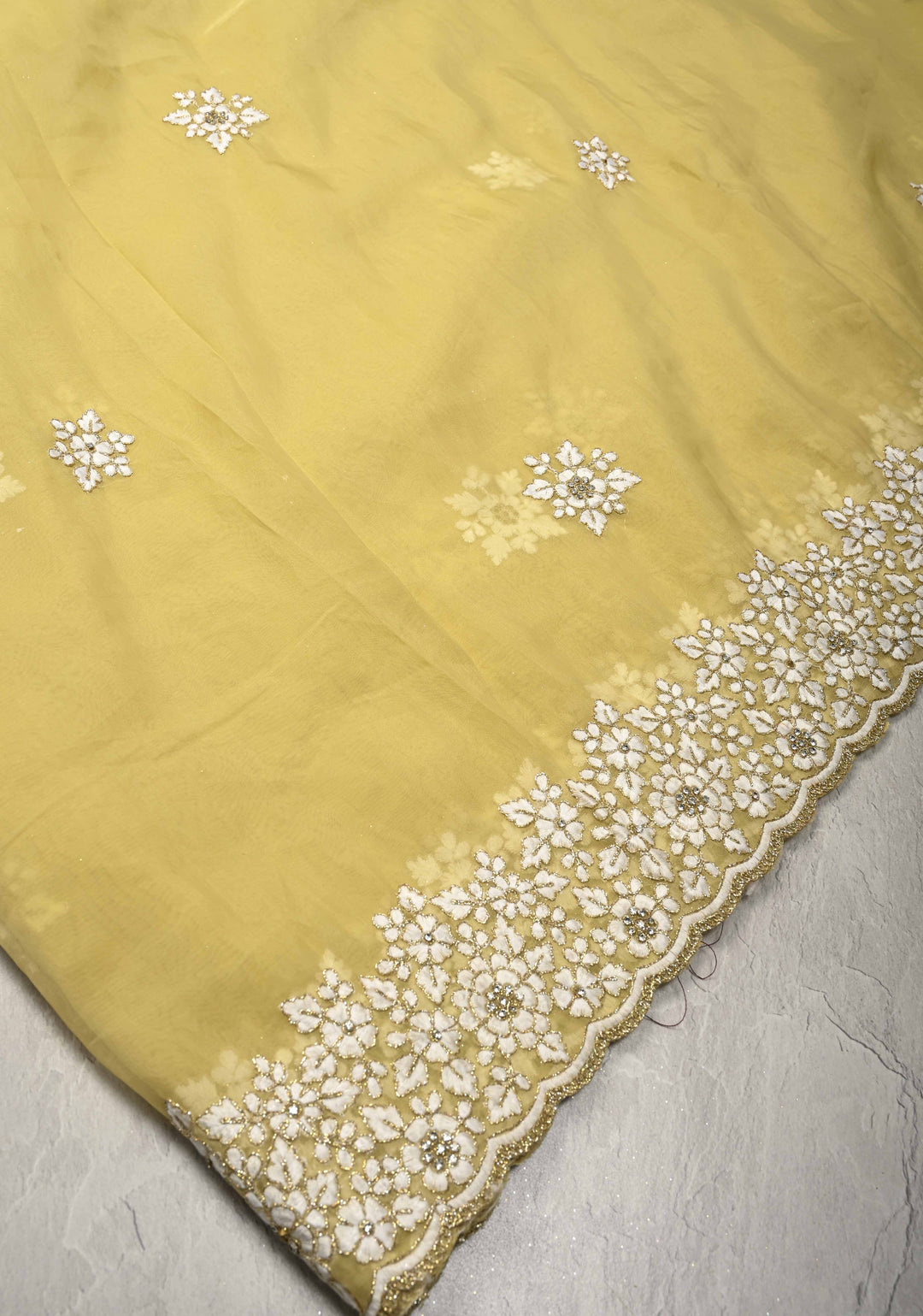 Dusty Yellow  Organza Saree with Stone Work, embroidery  and Scallop Border
